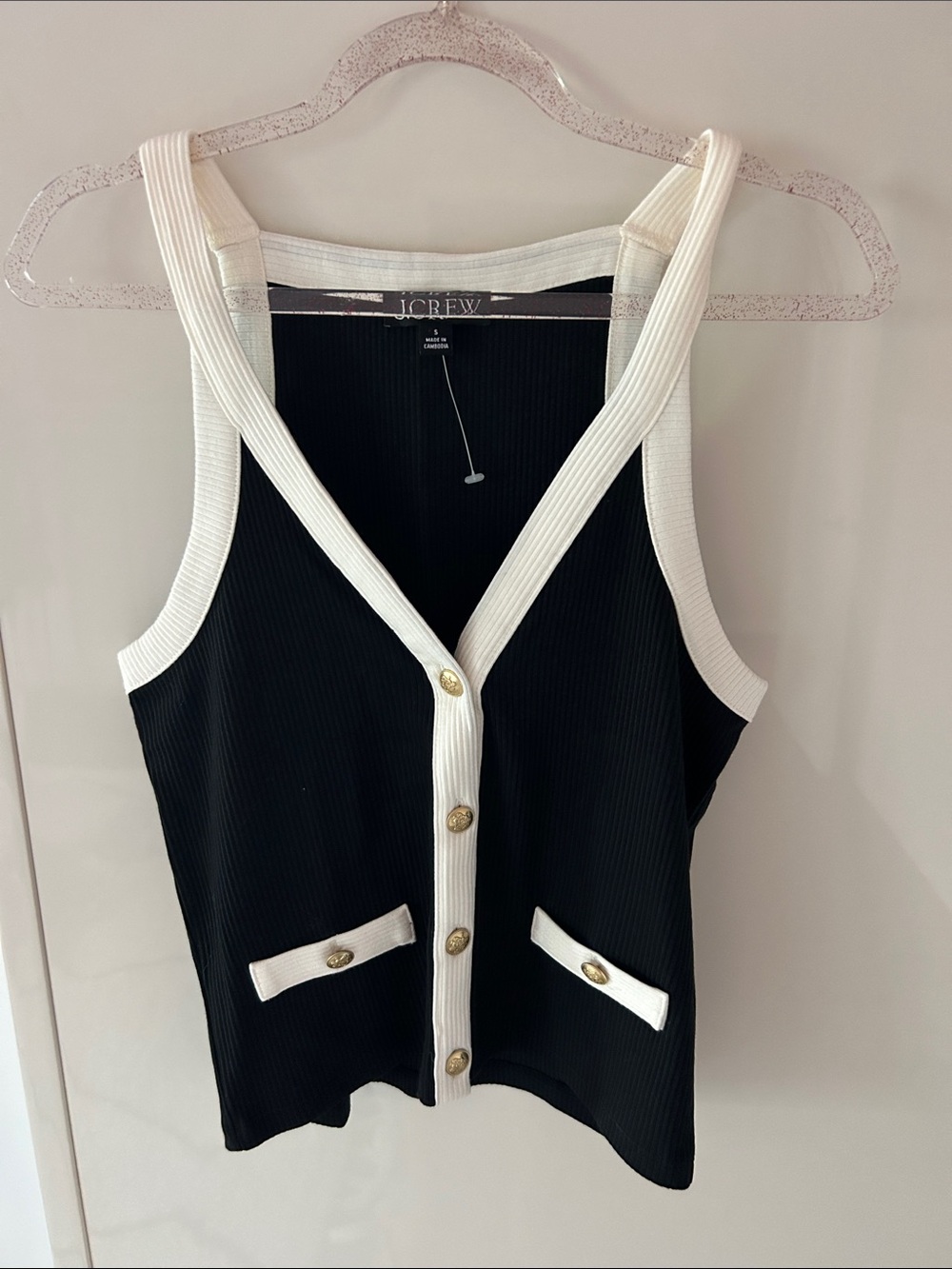 J. Crew Black Tank with White Trim & Gold Buttons